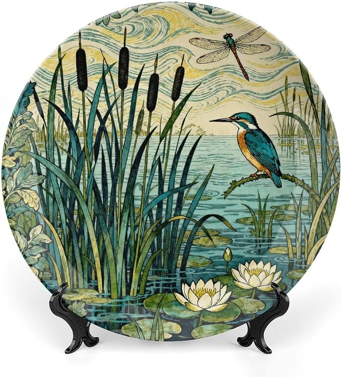 Custom Gifts Ceramic Decorative Plate, William Morris Forest Plants, Birds And Lotus Flowers Hand-Painted Ceramic Decorative Plates Household Unique Art with Stand, Modern Decor for Farmhouse Office