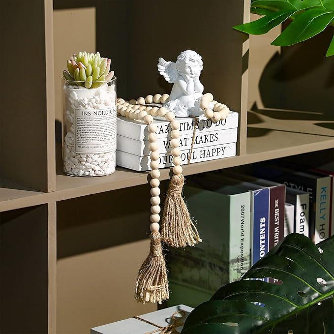 Jetec Decorative Display Books Hardcover, Faux Farmhouse Stacked for Coffee Tables Shelves with Wood Bead Tassels 58 Inch, 3 Pieces, White(Take Time to do, What Makes, Your Soul Happy)
