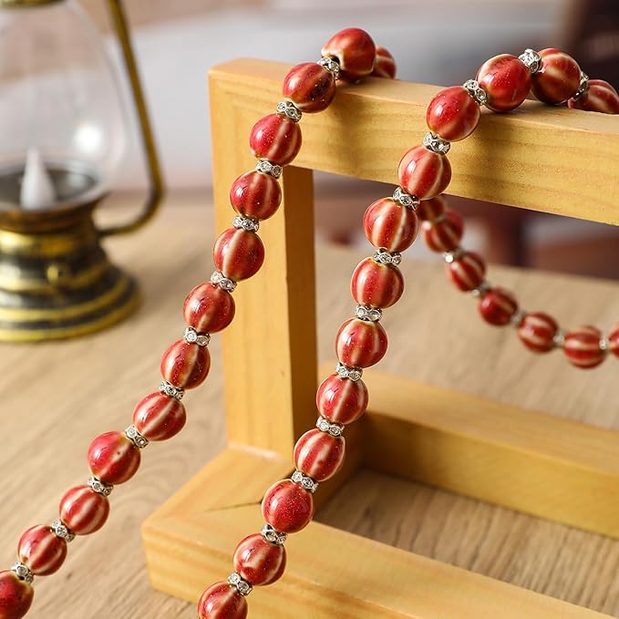 Farmhouse Ceramic Beads 50in Handcrafted Colors Bead Garland with Tassels Rustic Decor Prayer Boho Beads Big Wall Hanging and Coffee Table Decor Red Bead