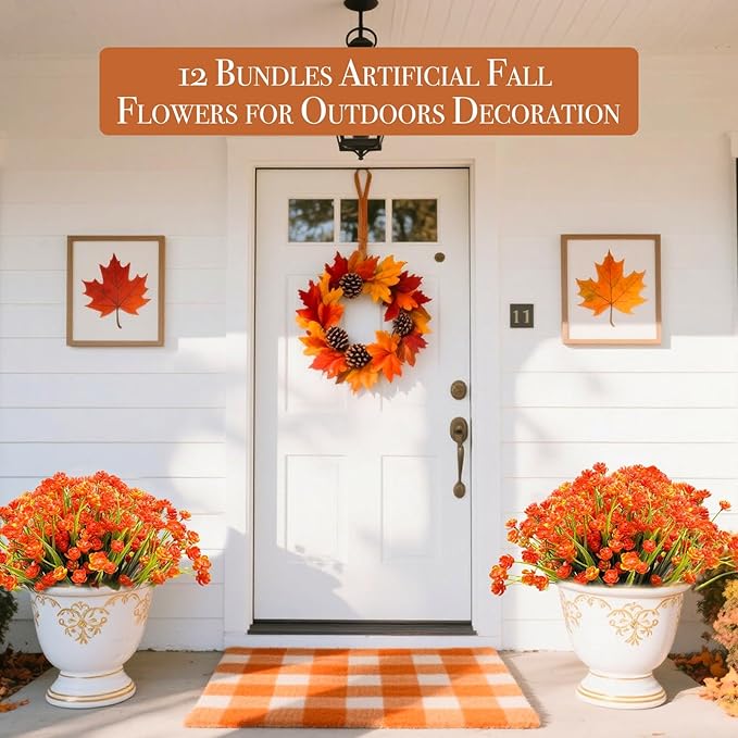 12 Bundles Artificial Flowers for Outdoors Spring Summer Decorations, UV Resistant Fake Mums Realistic Fake Plants Faux Plastic Flowers for Outdoor Indoor Home Gardens Porch Fall Decor(Orange Red)