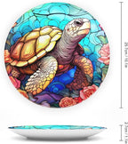 Decorative Plates for Wall Hanging, Sea Turtle Stained Glass Print Ceramic Plate w/Display Stand, Home Decor for Kitchen Cabinets, Farmhouse Round Tray 10 Inch, Gift for Turtle Lovers