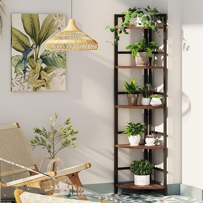 BON AUGURE 5 Tier Corner Bookshelf, Industrial Corner Shelf Stand, Narrow Tall Wood Bookcase, Display Wooden Shelving Unit Shelf for Living Room, Kitchen, Home Office (Rustic Oak)