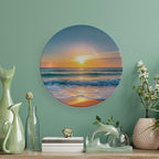 Sunrise Theme Decorative Ceramic Plate Round Porcelain Plate,7 inch,Beach Pattern,for Decorative Ornaments Giving Plates,1 Plate with 1 Display Stand,Gold Blue
