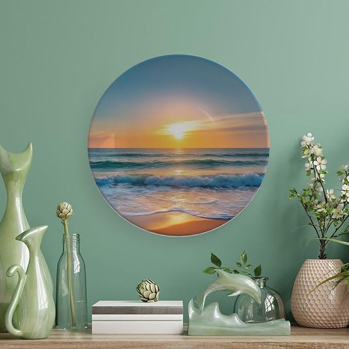 Sunrise Theme Decorative Ceramic Plate Round Porcelain Plate,7 inch,Beach Pattern,for Decorative Ornaments Giving Plates,1 Plate with 1 Display Stand,Gold Blue