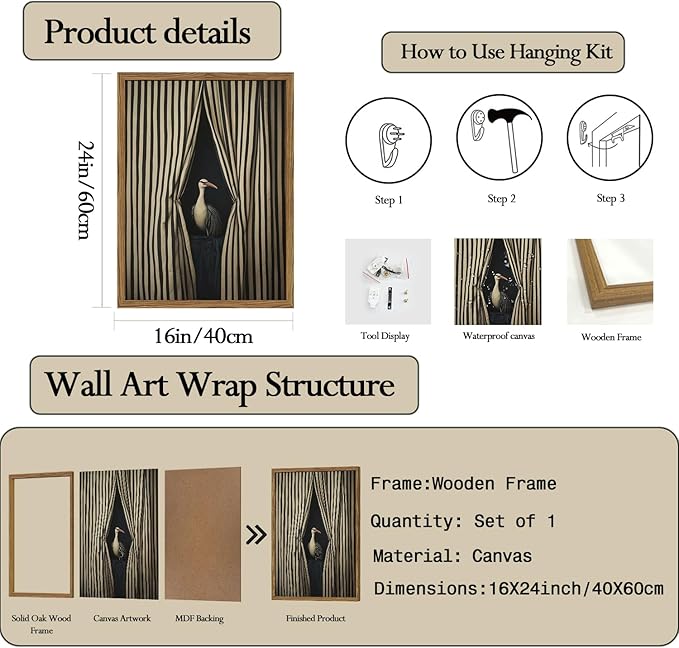 Framed Moody Crane Wall Art, Eclectic Vintage Bird Pictures Wall Decor Paintings, Surreal Humorous Animal with Black and White Striped Canvas Prints for Living Room Bedroom Bathroom Dorm 16x24 inch