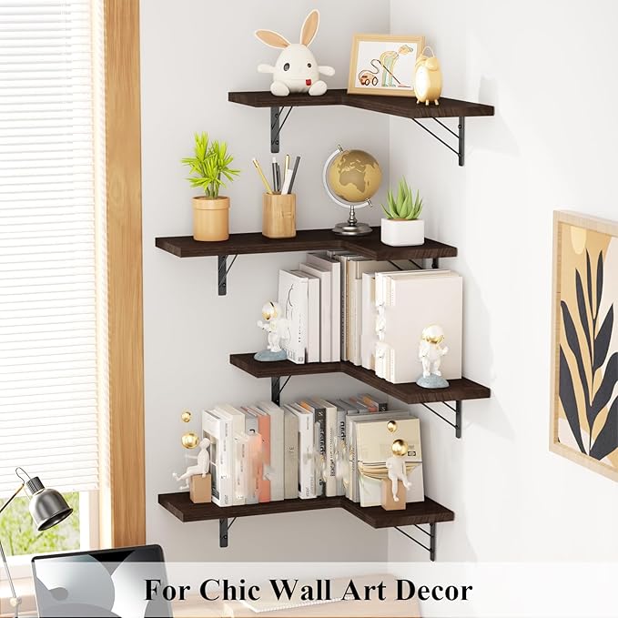 Love-KANKEI Corner Shelf Wall Mounted Set of 4, Floating Wall Shelves for Storage, Rustic Wood Hanging Shelves for Bathroom Kitchen Bedroom Living Room Display, Dark Brown