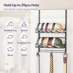 SWTYMIKI Over Door Hat Organizer - 3 Tier Wall Mounted Hat Rack with 2 Adjustable Metal Basket and 3 Hooks, Hanging Baseball Cap Organizer Storage Holds up to 29 Caps for Door, Bedroom, Closet