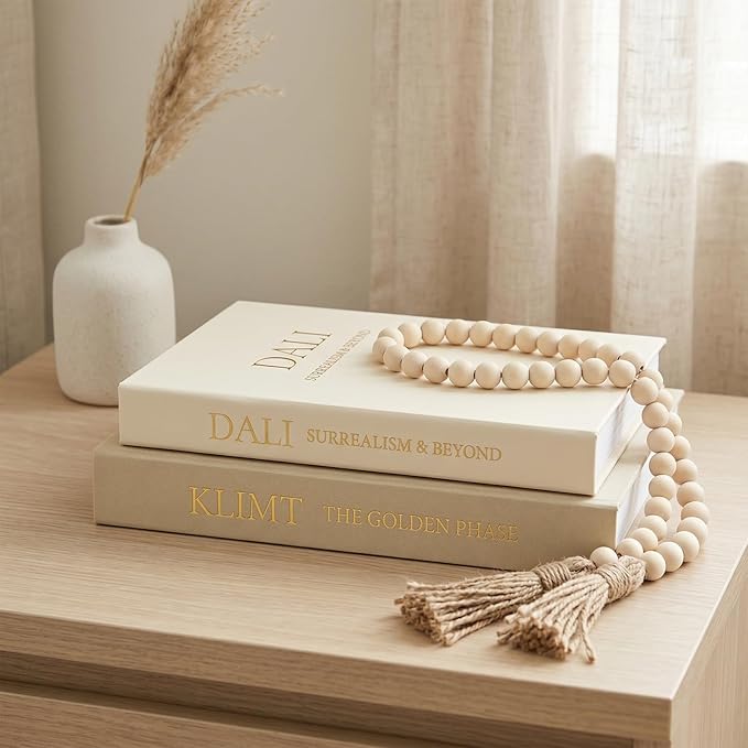 Decorative Fake Books Storage Set - 3-Piece Linen Coffee Table Decor (2 Faux Books + 1 Wood Bead Garland), Neutral Boho Japandi Room Styling Props for Bookshelf & Entryway (Khaki/Off-White)