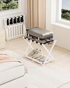 Luggage Rack, Folding Luggage Rack for Guest Room, Bamboo Suitcase Stand with Unique Magnetic Locking, Luggage Stand with Storage Shelf for Hotel, Bedroom, Guest Room, White, WT01XLG1