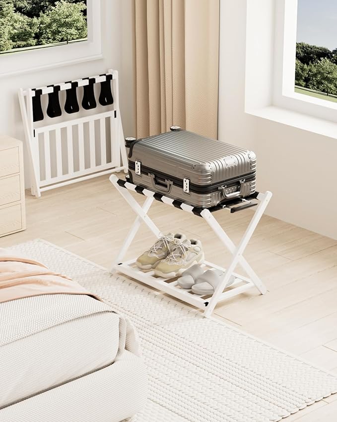 Luggage Rack, Folding Luggage Rack for Guest Room, Bamboo Suitcase Stand with Unique Magnetic Locking, Luggage Stand with Storage Shelf for Hotel, Bedroom, Guest Room, White, WT01XLG1