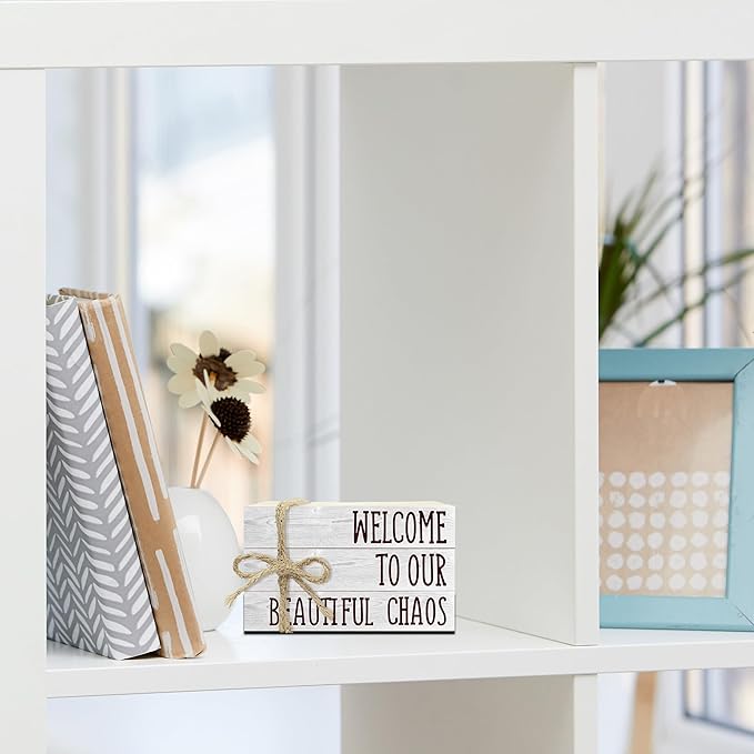 Decorative Books For Home Decor, Rustic Wood Book Stack For Table Decor, Welcome To Our Beautiful Chaos Decor Books For Living Room Bookshelf, Farmhouse Stacked Books Decor (L20)