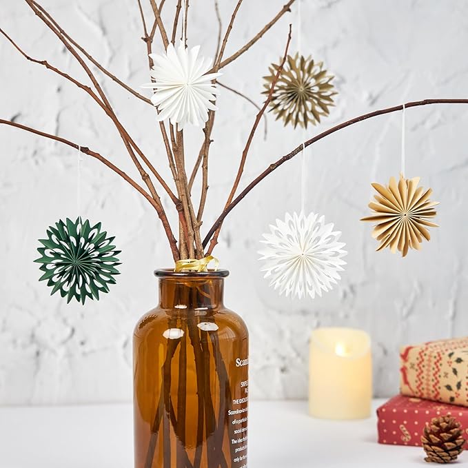 EASY JOY Christmas Hanging Decorations - 9Pcs 3D Christmas Tree Paper Hanging Decor Green White Light Brown Snowflake Ornaments Christmas Decorations Outdoor Indoor for Xmas New Year Window Boho Door