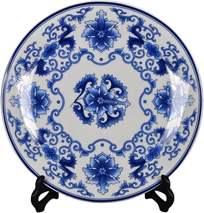 Decorative Plates Blue and White Porcelain Plates of 26cm Oriental Floral Pattern Ceramic Craft for Ornaments Giving Plates, 1 Plate with 1 Display Stand