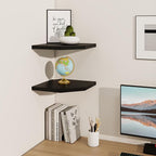 Fun Memories Corner Shelf Wall Mount, Solid Oak Wood Floating Corner Shelves with Cable Hole, 10in Rustic Design for Bedroom, Bathroom, Kitchen, Living Room (Black, 1 Pack)