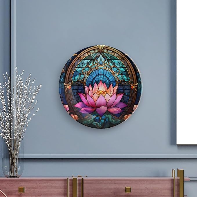 Moroccan Water Lily Stained Glass Print Decorative Plates Home Decor Ceramic Plates, Dinner Plates Display for Living Room, Kitchen, Hallway Console Side Table, Presents for Lotus Lover, 7 Inch