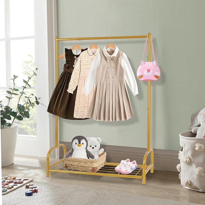 Baby Clothes Organizer, Kids Dress Up Storage Rack, Small Clothes Rack with Metal Storage Shelf, Kids Closet Organizers, Baby Closet (Gold)