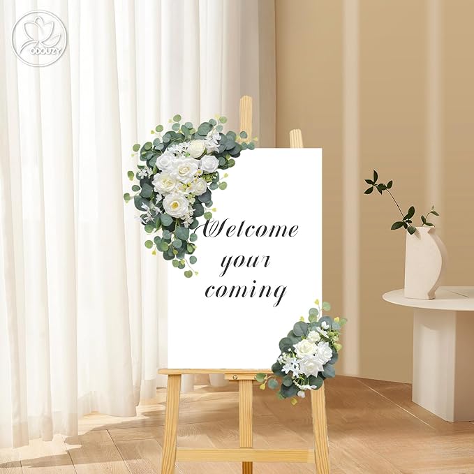 Odouzy Artificial Wedding Arch Flowers for Wedding Sign,Set of 2 for Welcome Ceremony Sign,Faux Floral Swags,Wedding, Banquet and Reception Backdrop Floral Decoration (White Champagne)