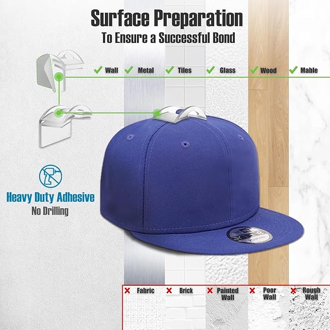 Hat Hangers for Wall, Stronge Adhesive Hat Holders Display, No Driling Caps Holder Organizer, 10 Pack Hat Hook for Baseball Caps, Wall Mounted Cap Rack, Clear
