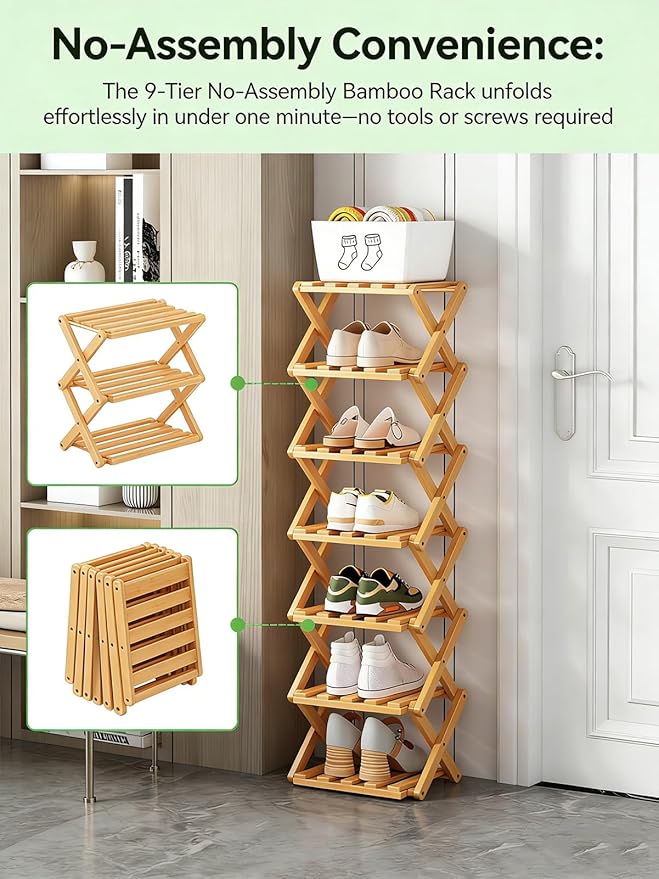 The 9-Tier No-Assembly Bamboo Rack, New Upgrade 9 Tier Bamboo Shoe Rack, Space-Saving Tall Narrow Accordion Shoe Rack for Entryway Closet Dorm (Brown-9)