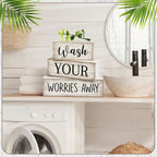 Moucuny 4 Pcs Farmhouse Laundry Room Decor Stacked Blocks Wash Your Worries Away Sign Funny Bathroom Shelf Decor and Accessories Rustic Eucalyptus Leaves Block Signs for Home Bathroom Toilet Washroom
