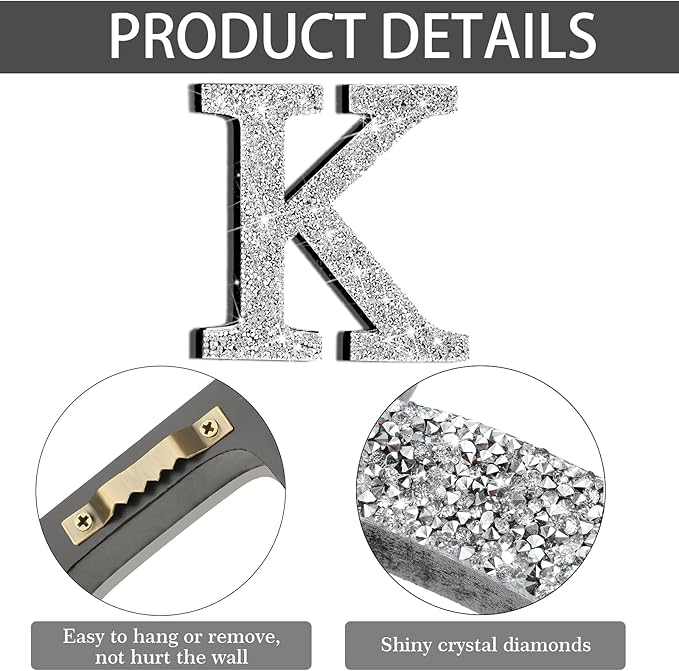 Qunclay 12'' Silver Crystal Diamond Bling Letters Crushed Diamond Decoration Wooden Glitter Letter with Screw and Hooks Rhinestone Gift for Wedding Y2k Mcbling Bedroom Wall Decor (Letter K)