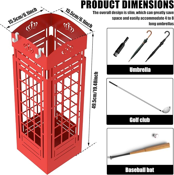 Square Metal Umbrella Holder, Square Free Standing Umbrella Rack Decorative Umbrella Holder Hollow Cutout Pattern Design for Umbrella Cane Entryway Home Office 19.49" X 6.1" X 6.1"(Red hollowed out)