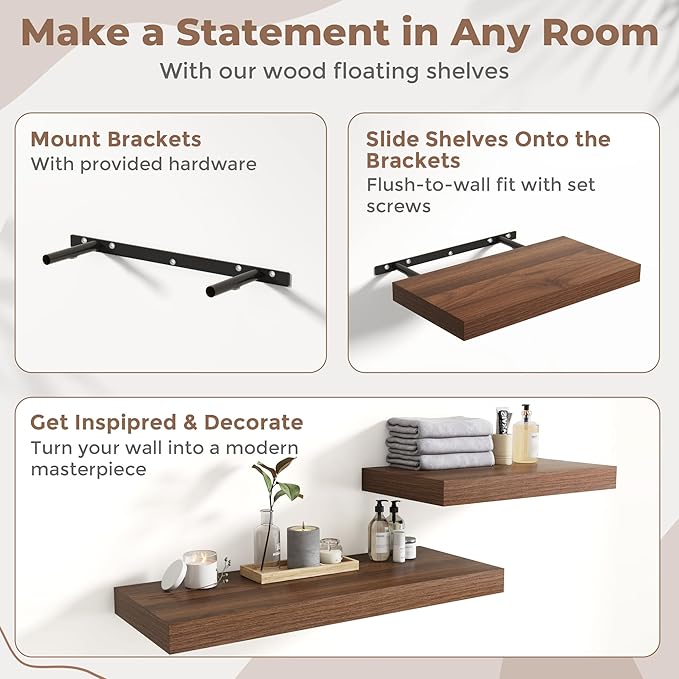40 Inch Long Floating Shelves for Wall Set of 2, 12"D Wood Grain Bathroom Shelves with Invisible Brackets, Easy Install Engineered Wood Storage Shelves for Kitchen, Living Room, Bedroom, Walnut Finish