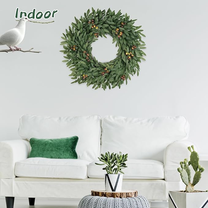 Olive Wreaths for Front Door 26 Inch, Artificial Waterproof Green Lush Olive Branch Wreath with Berry for Home Outdoor Indoor Farmhouse Window Spring Summer All Seasons Year Round