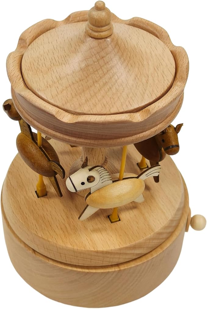 Briskfeel Wooden Carousel Music Box with Moving & Elevating Horses, Rotating Wind-Up Decor, Collectible Mechanical Musical Box, Timeless Gift