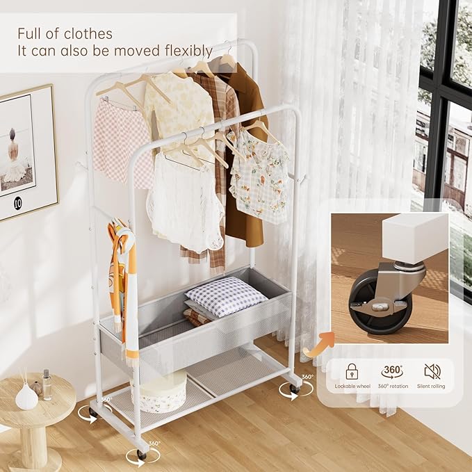 Clothes Garment Coat Rack Drying Clothing Racks Metal Freestanding for Hanging Clothes Portable Closet for Laundry Bedroom White