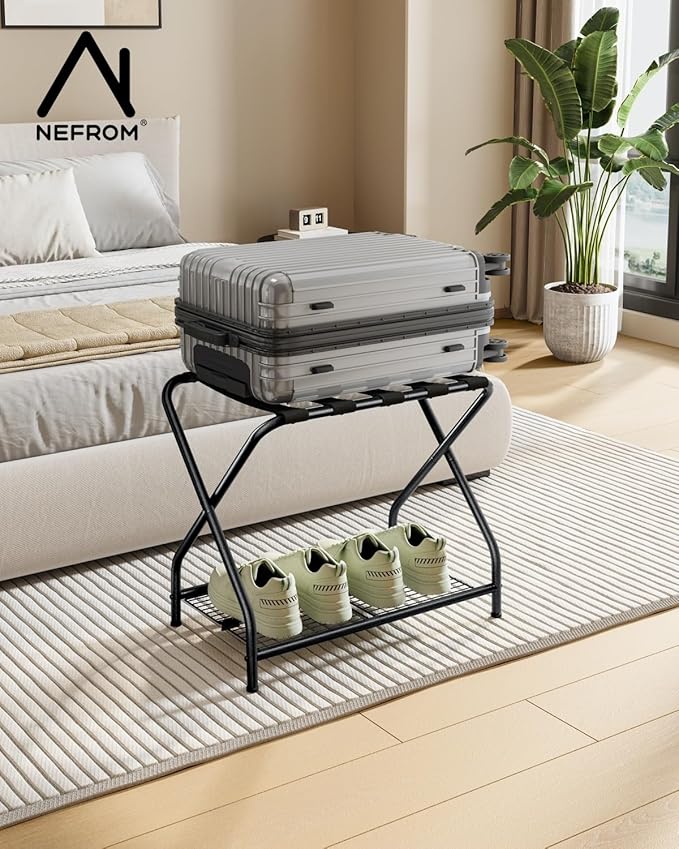 Set of 2 Luggage Rack with Storage Shelf, Foldable Suitcase Stand, Heavy Duty Metal Luggage Holder for Guest Room, Bedroom, Hotel, 150 lbs Top Capacity, 50 lbs Bottom Shelf LR-BK-2