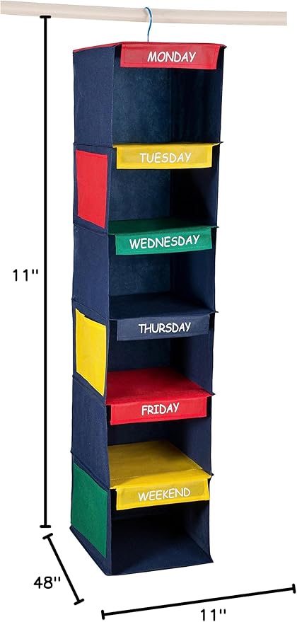 Handy Laundry Daily Activity Kids Closet Organizer, 11" X 11" X 48", Prepare & Organize a Week's Worth of Your Children's Clothing, Shoes and After School Activities, Hangs Directly on The Closet Rod