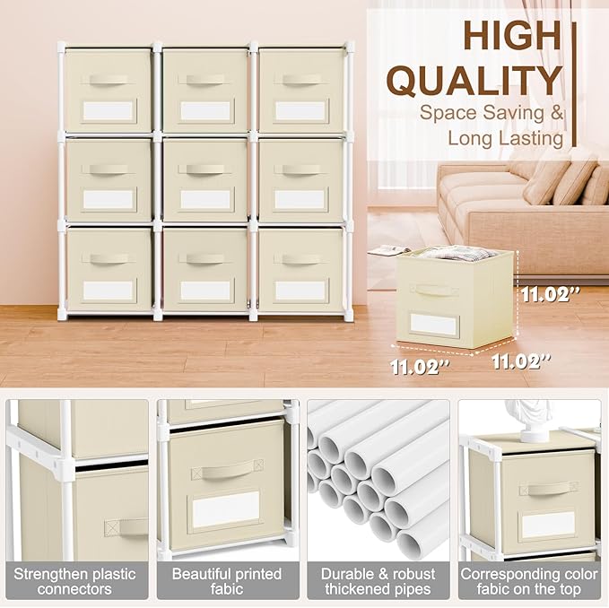 Geelin 9 Cube Storage Organizer with Fabric Bins and Labels 11 Inch, Fabric Collapsible Cubby Clothes Storage Drawer Dresser for Bedroom Living Room Office Organization