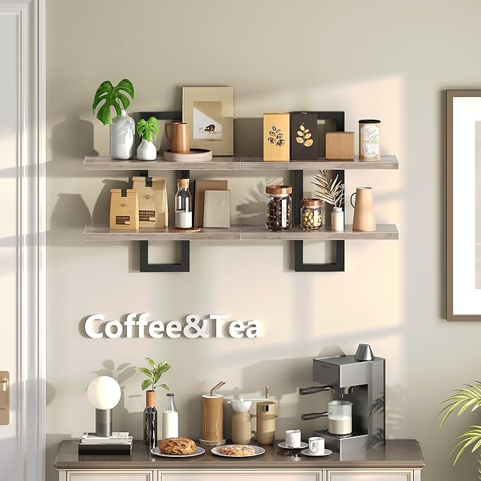 HOOBRO Floating Shelves, 15 Inch Wall Shelf Set of 2, Wall Mounted Storage Shelves 2-Tier, Hanging Bathroom Shelves, for Living Room, Bedroom, Bathroom, Kitchen, Greige BG32BJ01
