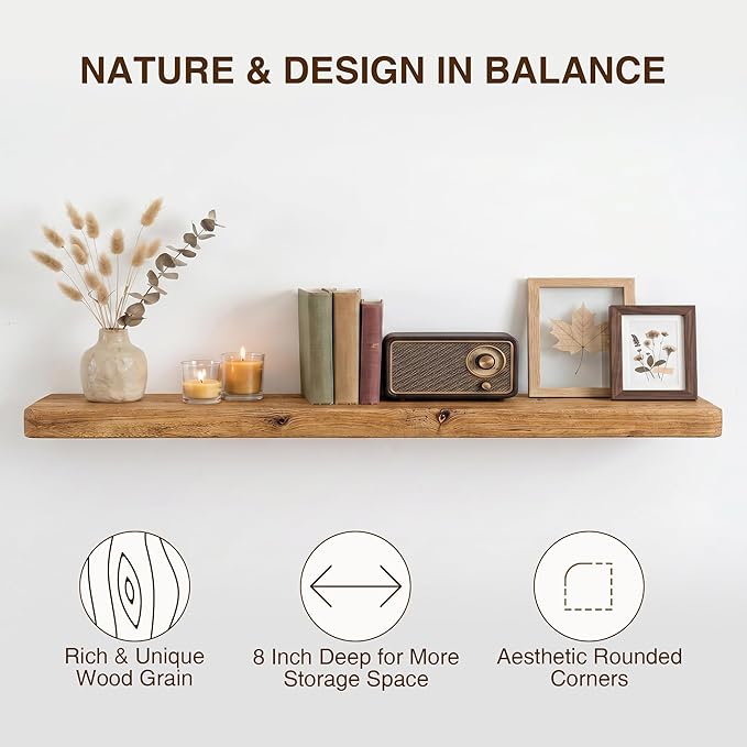Dreamland 48" Solid Elm Wood Floating Shelves, 8" Deep Wall Shelves for Home Decor, Floating Shelf with Invisible Bracket, Heavy-Duty Display Shelf - for Living Room, Kitchen, Bathroom, Set of 1
