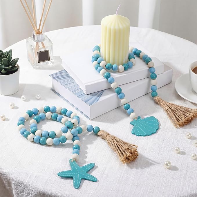 Janinka 2 Pcs Farmhouse Seashell Bead Garland with Tassels Decorative Beads Decor Nautical Farmhouse Tiered Tray Decorations Set Coastal Garland for Home and Kitchen, Wooden Beads (Blue)