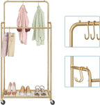 Simple Trending Double Rod Clothes Garment Rack, Heavy Duty Clothing Rolling Rack on Wheels for Hanging Clothes,with 4 Hooks, Gold