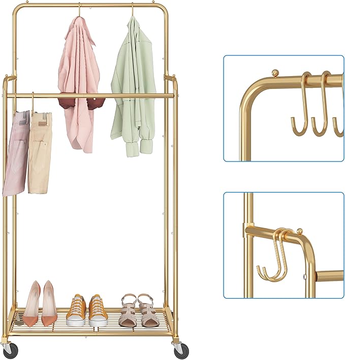 Simple Trending Double Rod Clothes Garment Rack, Heavy Duty Clothing Rolling Rack on Wheels for Hanging Clothes,with 4 Hooks, Gold
