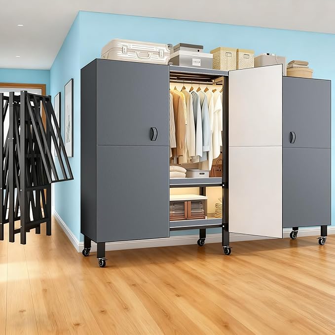 Heavy Duty Portable Closet with Cover Magnetic Doors, Metal Rolling Clothes Rack Heavy Duty 1500LBS, Foldable Clothing Rack, Garment Racks for Bedroom/LivingRoom/Rental (KT-Grey, 70.86in)