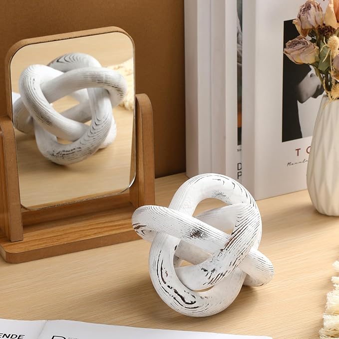 Yalikop 3 Link Wood Knot Decor Rustic Home Décor Accents Hand Carved Coffee Table Decoration, Boho Chain Link Decoration, Modern Shelf, Rustic Objects for Home Living Room Bedroom(Retro White)