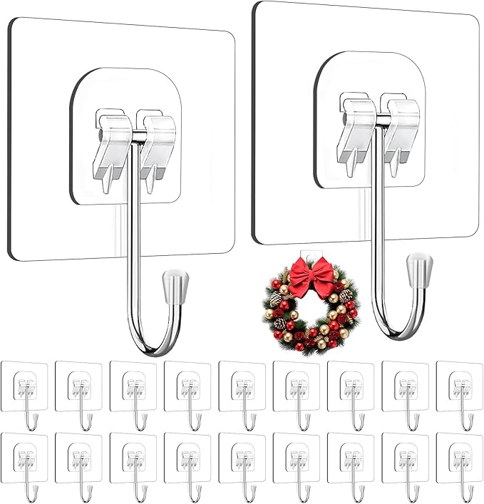 Wreath Hangers for Front Door, 20 Pack Large Wreath Door Hanger for Heavy Duty Easter Christmas Halloween Decorations, Clear Over-The-Door-Hooks Organizer, Adhesive-Wall-Hooks for Wreath Home Decor