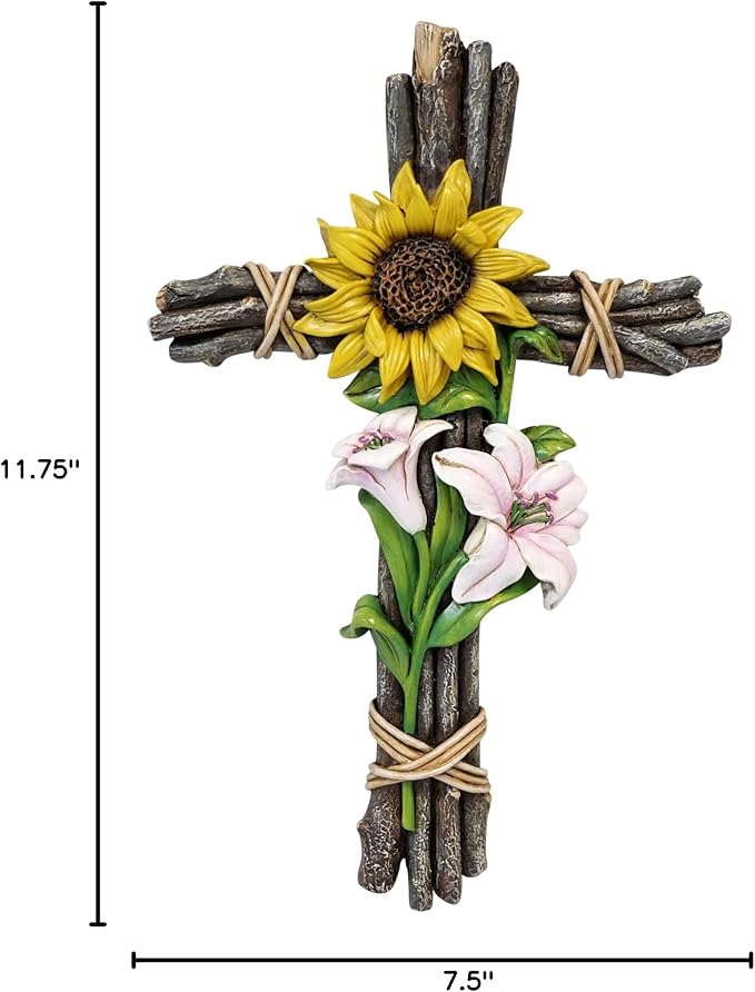De Leon Collections 14131 Sunflower Floral Spring Flower Yellow, Pink, Brown 11.75 Inch Polyresin Wood Look Branch Decorative Home Décor Hanging Sculpture Wall Cross