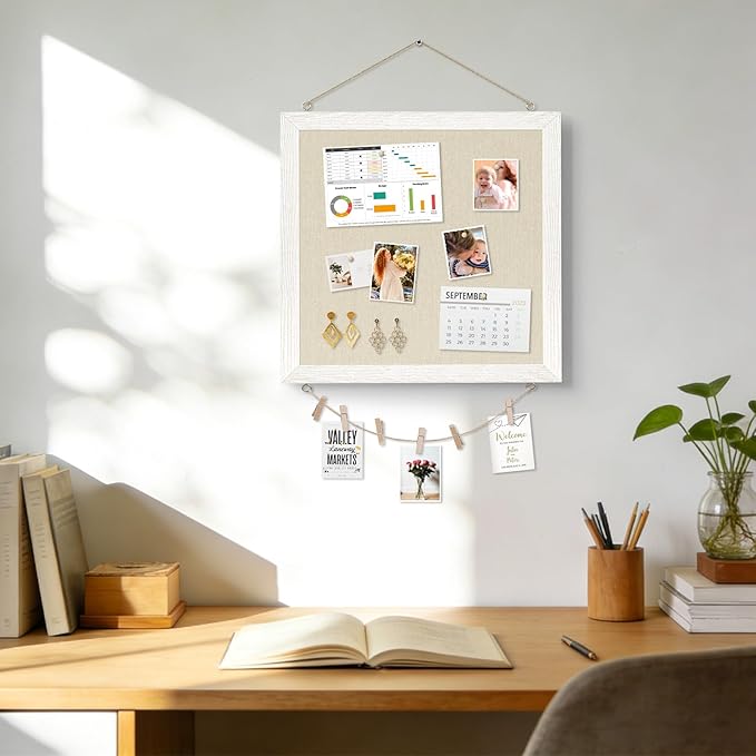 DOLLAR BOSS Bulletin Boards with Linen 1-Pack 12''X 12'' Double-Sided Cork Board for Walls Wood Framed Bulletin Boards, Small Pin Board for Home Kitchen Office Decorative Hanging 10 Pushpins