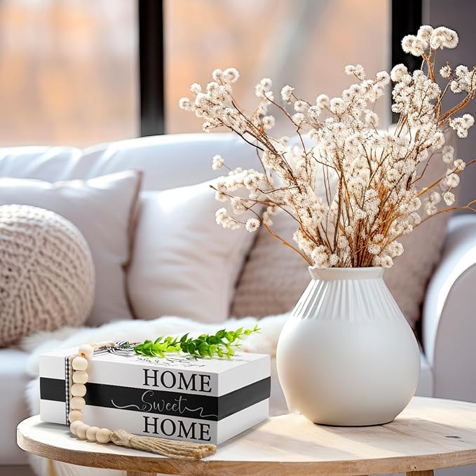 Capoda 3 Pcs Decorative Books for Home Decor Farmhouse Faux Stacked Books Wooden Rustic Table Decor with Bead Garland Twine Ribbon Faux Leaf for Table(Home)