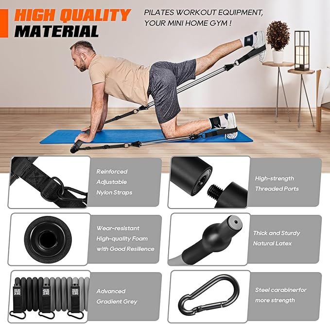 Pilates Bar Kit with Resistance Bands, Heavy Duty Pilates Equipment for Men, Training Bands with Handles for Legs, Hip, Back, Arm, Abs, Chest, Shoulders, Portable Home Gym Workout Equipment