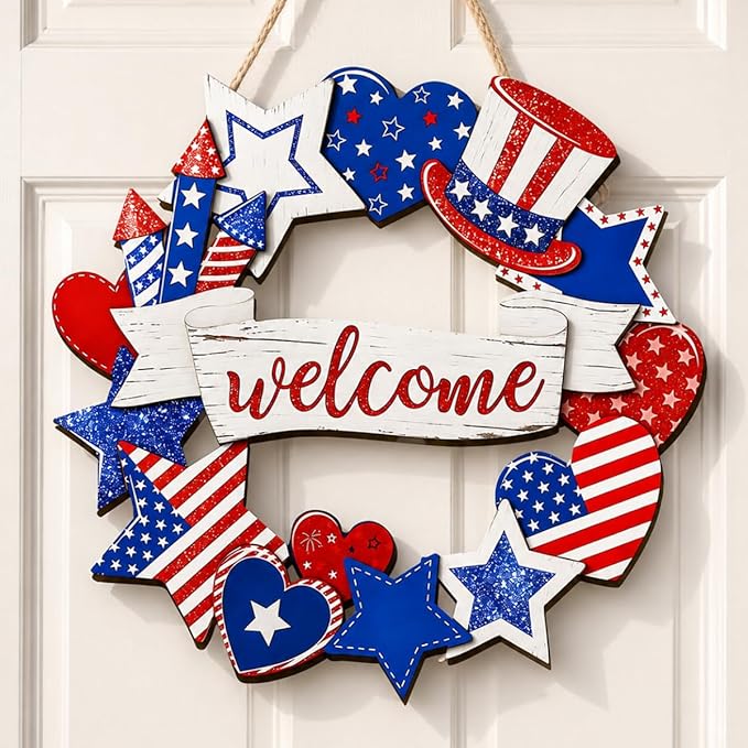 Wooden 4th of July Decorations Patriotic Wreath Independence Day Decorations Front Door with Star Sign Welcome Memorial Day Hanging for Home Wall Decor Outdoor Indoor Red White and Blue Wreath