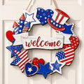 Wooden 4th of July Decorations Patriotic Wreath Independence Day Decorations Front Door with Star Sign Welcome Memorial Day Hanging for Home Wall Decor Outdoor Indoor Red White and Blue Wreath
