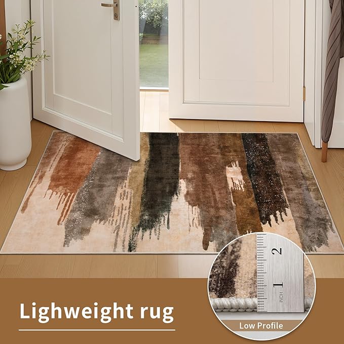 Ciicool Modern Abstract Rug for Living Room, 5'x7' Machine Washable Area Rug Non-Slip Rug, Low-Pile Contemporary Indoor Dining Floor Carpet for Bedroom Office Under Table Home Decor Brown Black