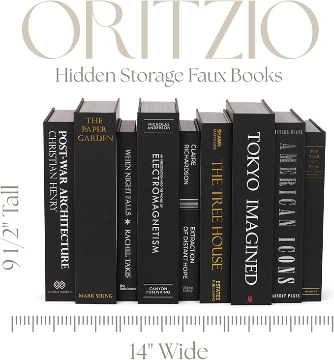 ORITZIO Oversized Set of 9 Faux Books with Hidden Storage (Black), Fashion Books, Coffee Table Accessory, Bookshelf Decor, Home Staging