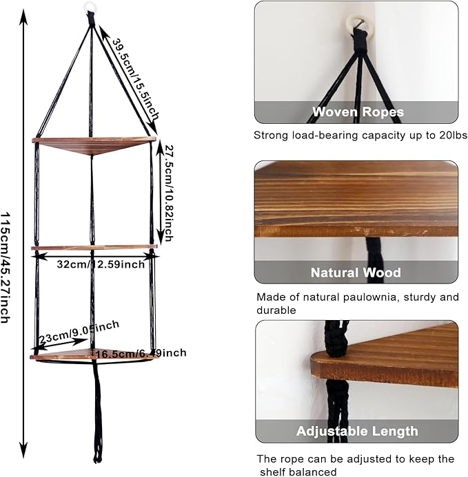 Artilady Macrame Corner Shelf Wall Hanging - 3 Tier Black Floating Shelves Plant Corner Wall Decor, Boho Rustic Wooden Plant Storage Rack for Bedroom Living Room Bathroom